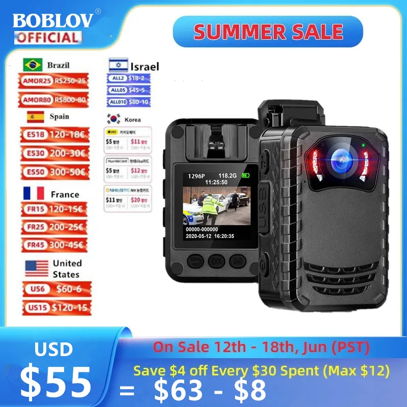 BOBLOV N9 Mini Body Camera Full HD 1296P Body Mounted Camera Small Portable Night Vision Police Body Cam 128GB/258GB mini camera