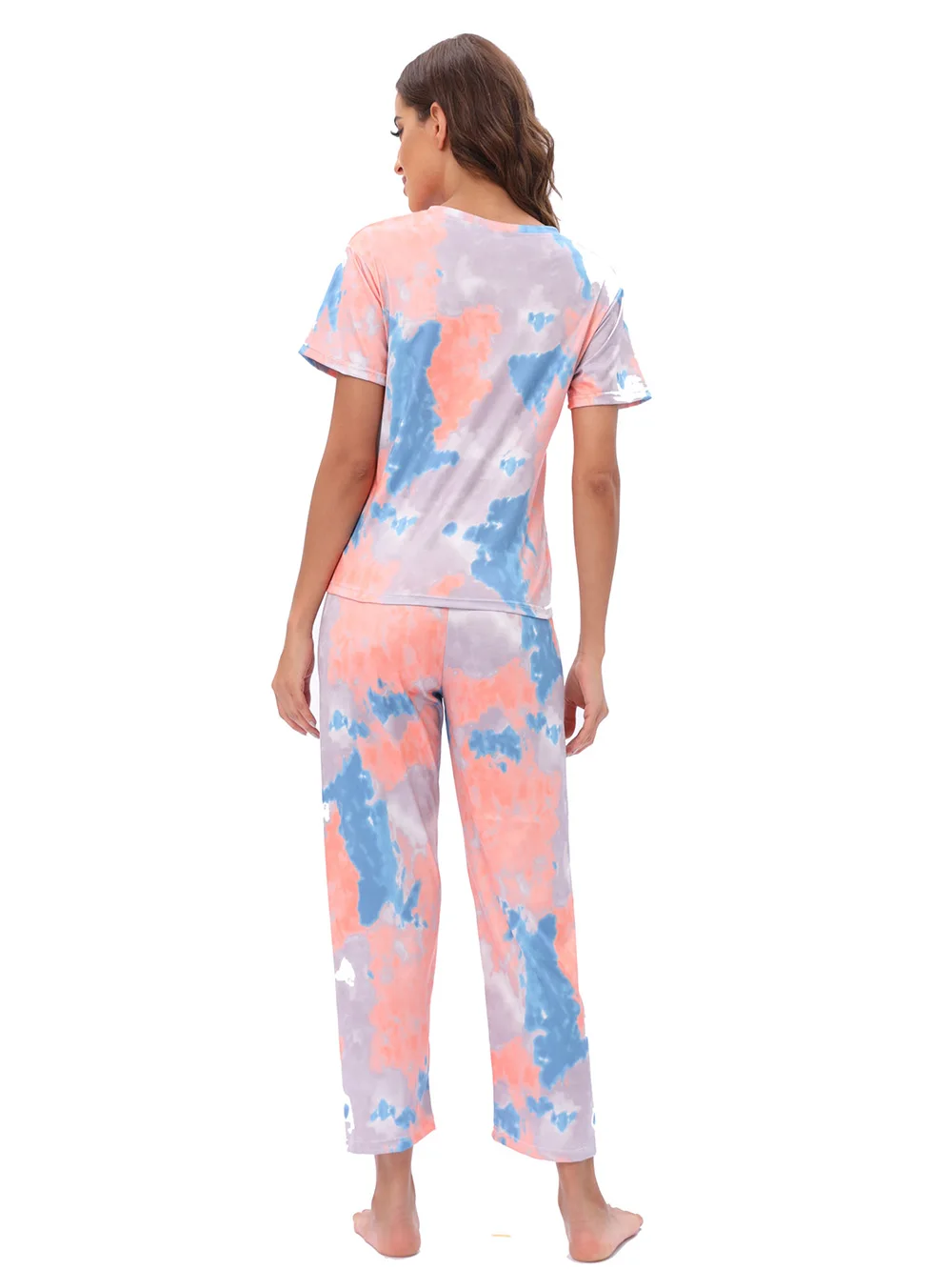Women's Two-Piece Pajama Set Tie-Dye Printed Long Casual Set Short Sleeve Top and Pants Pajama Loose Leisure Homewear