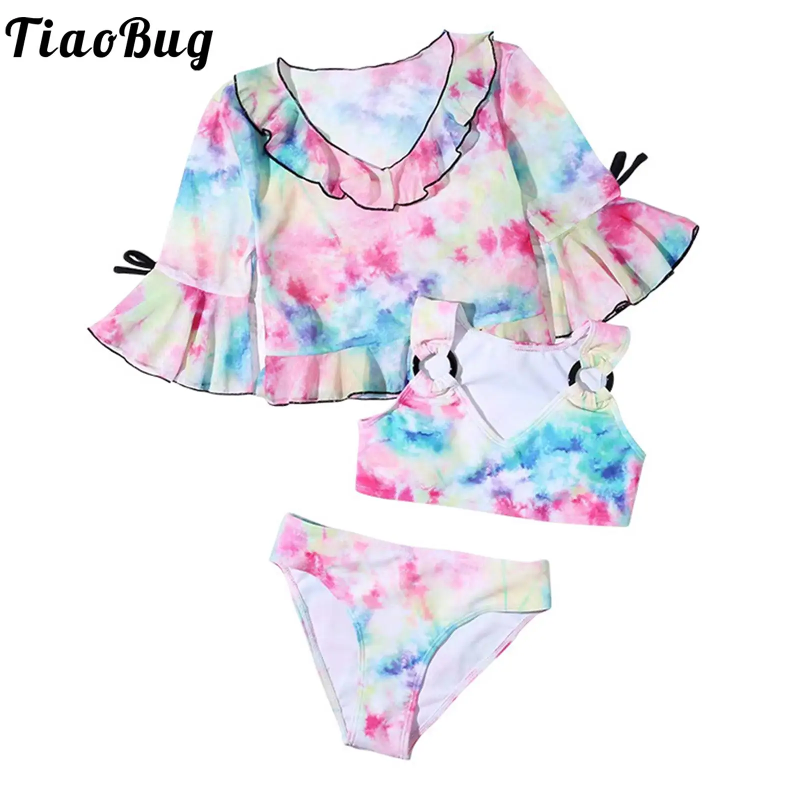 

Kids Girls Swimming Set Colorful Tie Dye Print Swimsuit V Neck Connected Vest Tank Long Sleeve Ruffle Flounce Top Brief 3pcs Set