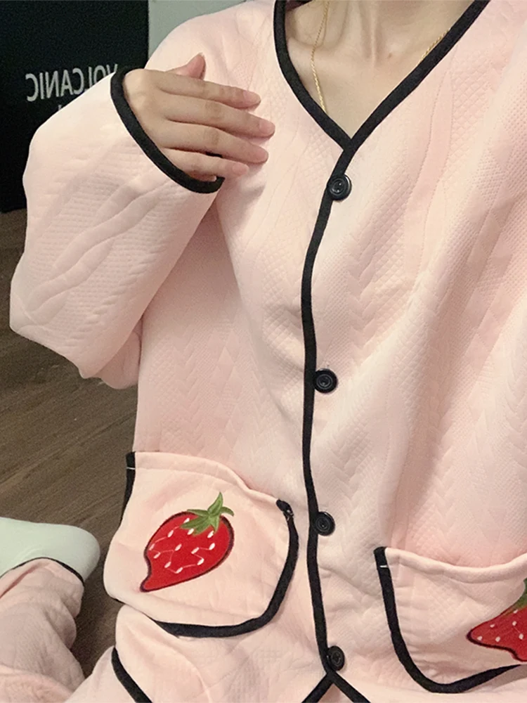 Пижамы женские весенне-осенние с длинными рукавами из чистого хлопка сэндвич 2024