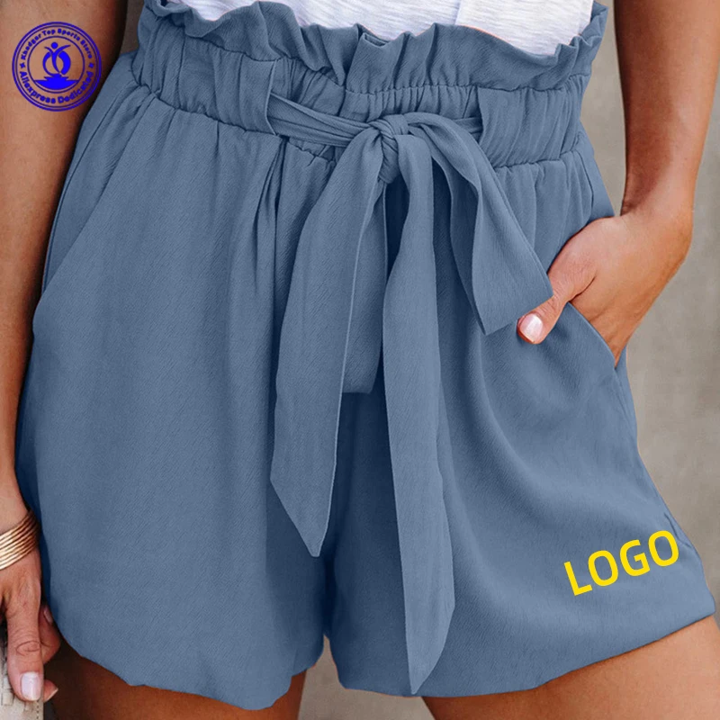 Custom LOGO Summer Casual Shorts with Pocket Women Fashion Elastic Waistband Drawstring Solid Short Pants Wide Leg Loose Bottoms