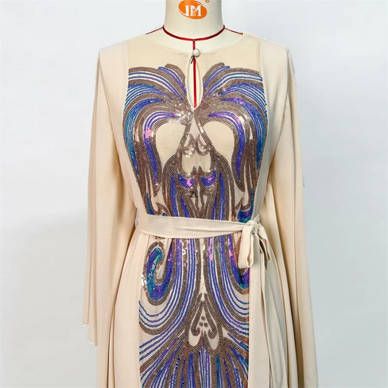 Elegant Floral Embroidery Sequins Butterfly Sleeves Belted Kaftan Ladies Evening Dresses Casual Loose Arab Muslim Women Clothes