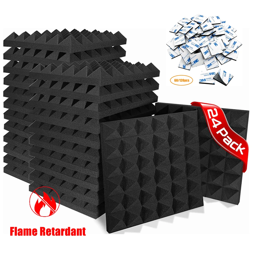 

12/24Pcs 30x30x5cm Pyramid Acoustic Foam High Density Panels Studio Sound Insulation Treatment Flame Retardant Sponge With Tapes