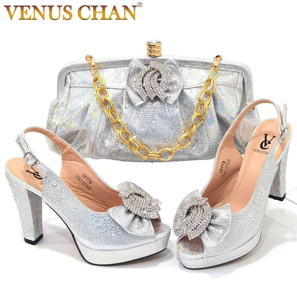 Venus Chan 2022 New Fashionable Silver Color Nigerian Women Party Shoes With Bags Set for African Ladies Wedding Party