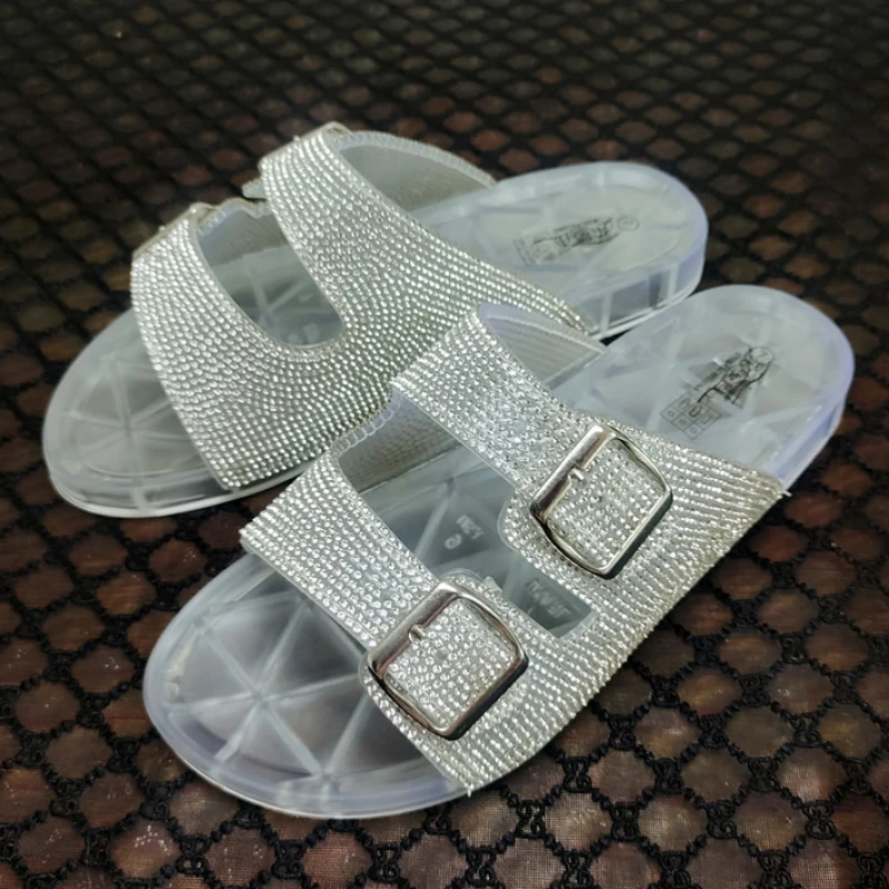 

Women Summer Fashion Sandals Rhinestones Buckle Deco Transparent Slides Mixed Colors Korean Casual Slippers Crystal Female Shoes