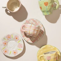 korean style irregular hand painted flower ceramic coffee mug with saucer home office breakfast milk juice tea handle cup gift