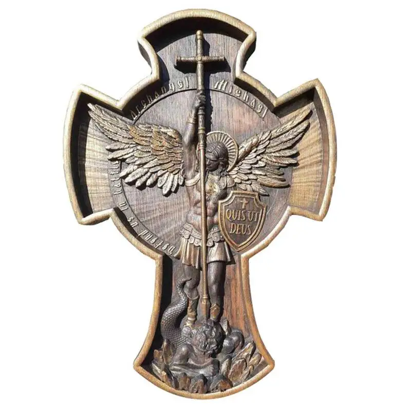 

Cross Angel Statue Resin The Great Protector Saint Michael Archangel Figurines Collectible Battle Angel Sculpture Home Ornaments