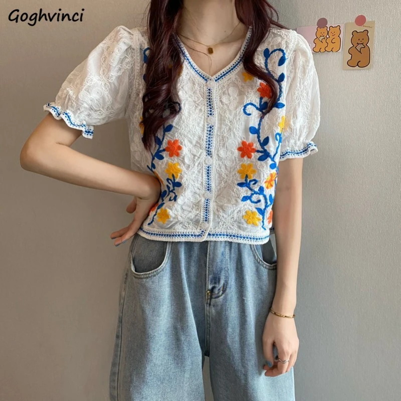 

Shirts Women Embroidery Summer All-match Sweet Elegant Puff Sleeve Korean Fashion Simple Cozy Ins Топ Женский Kawaii Retro Daily