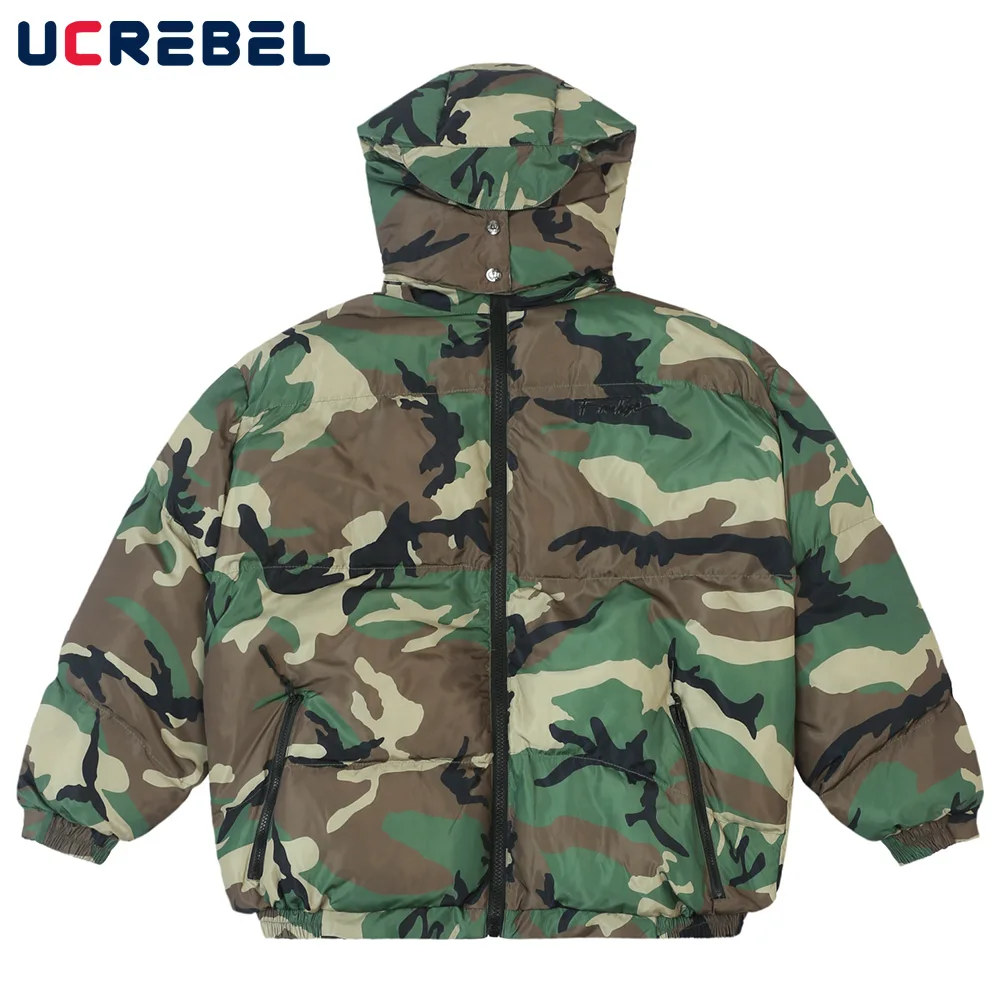 

Camouflage Thick Padded Coat Mens Winter Loose Removable Hat Outerwear Streetwear Zipper Cardigan Casual Hooded Quilted Jacket