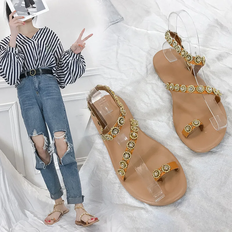 

New Women Casual Sandals Flat-bottomed Boho Rhinestone Flower Flip Flops Fashion Metal Decoration Roman Sandals Chaussures Femme