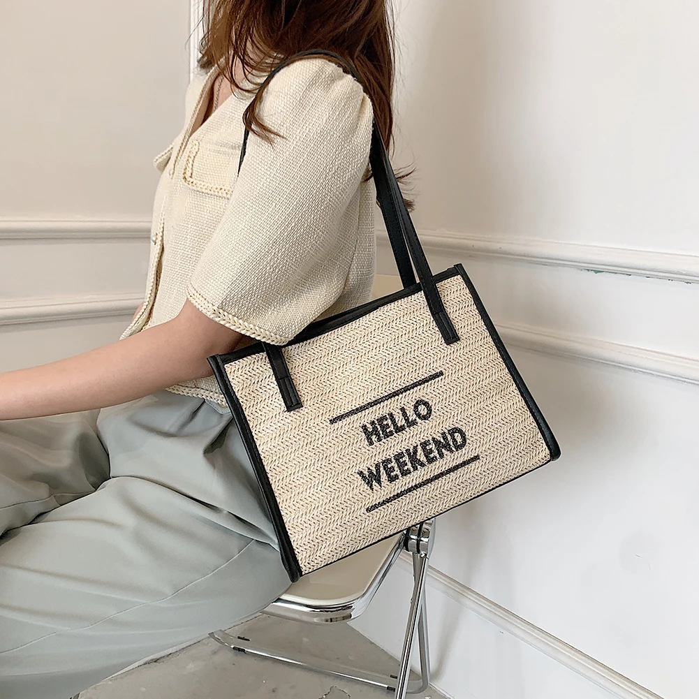 

Вместительная сумка на плечо для женщин, Соломенная пляжная летняя сумочка-тоут с надписью, кошелек, дорожные сумки для женщин