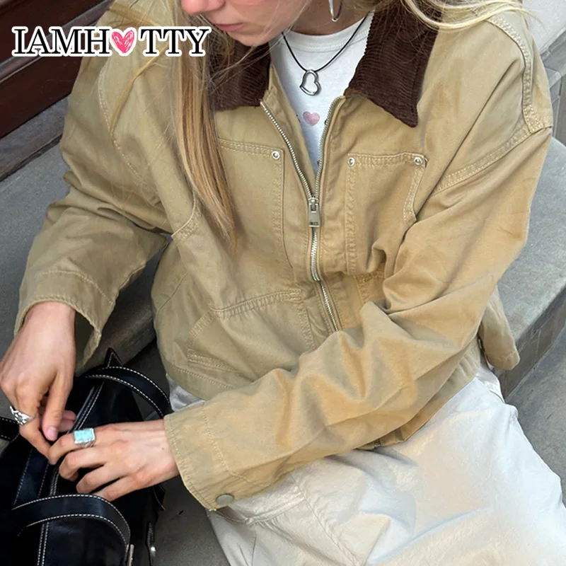 IAMHOTTY куртка-карго с большими карманами женская контрастного цвета отложным