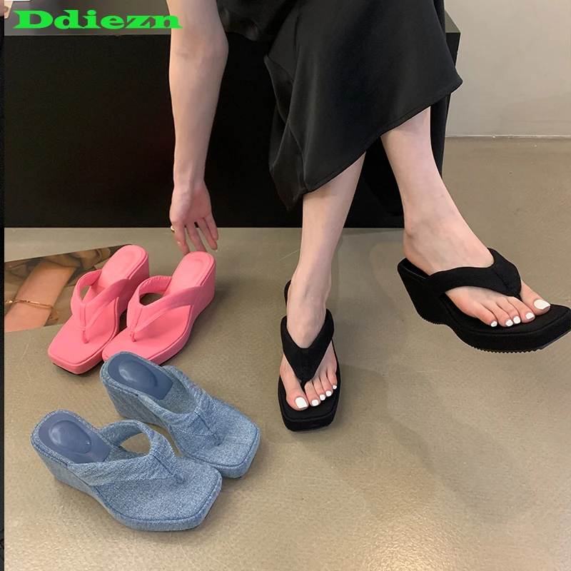 

Platform Women Slippers Fashion Ladies Shoes Pink Sandals 2023 Square Toe Summer Wedges New Causal Female Slides Flip Flops