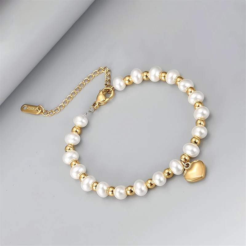 

Sweet Cute Women's Imitation Pearl Heart Chain Bracelet Stainless Steel Jewelry Valentine's Day Gift
