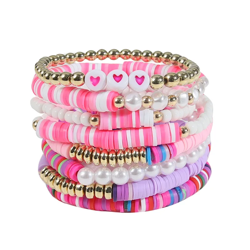 

8/Pcs Set Summer Beach Iridescence Pearl Girl Women's Bracelet Love Beading Soft Ceramic Handstring Jewelry Accessories