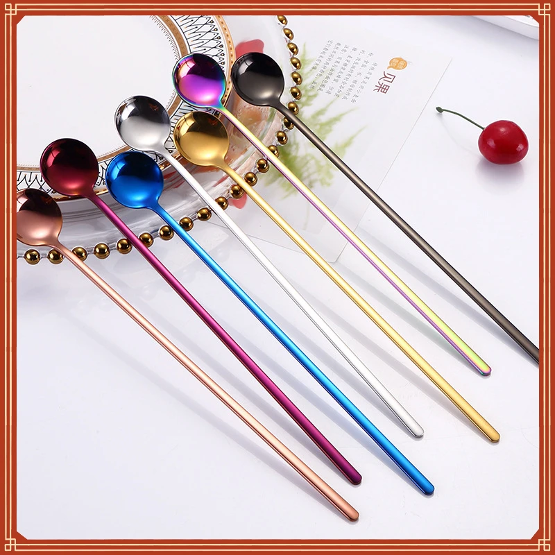

Color Coffee Tea Stir Spoon Long Handle Ice Cream Dessert Spoons Eco-Friendly Stainless Steel Tableware Kitchen Supplies