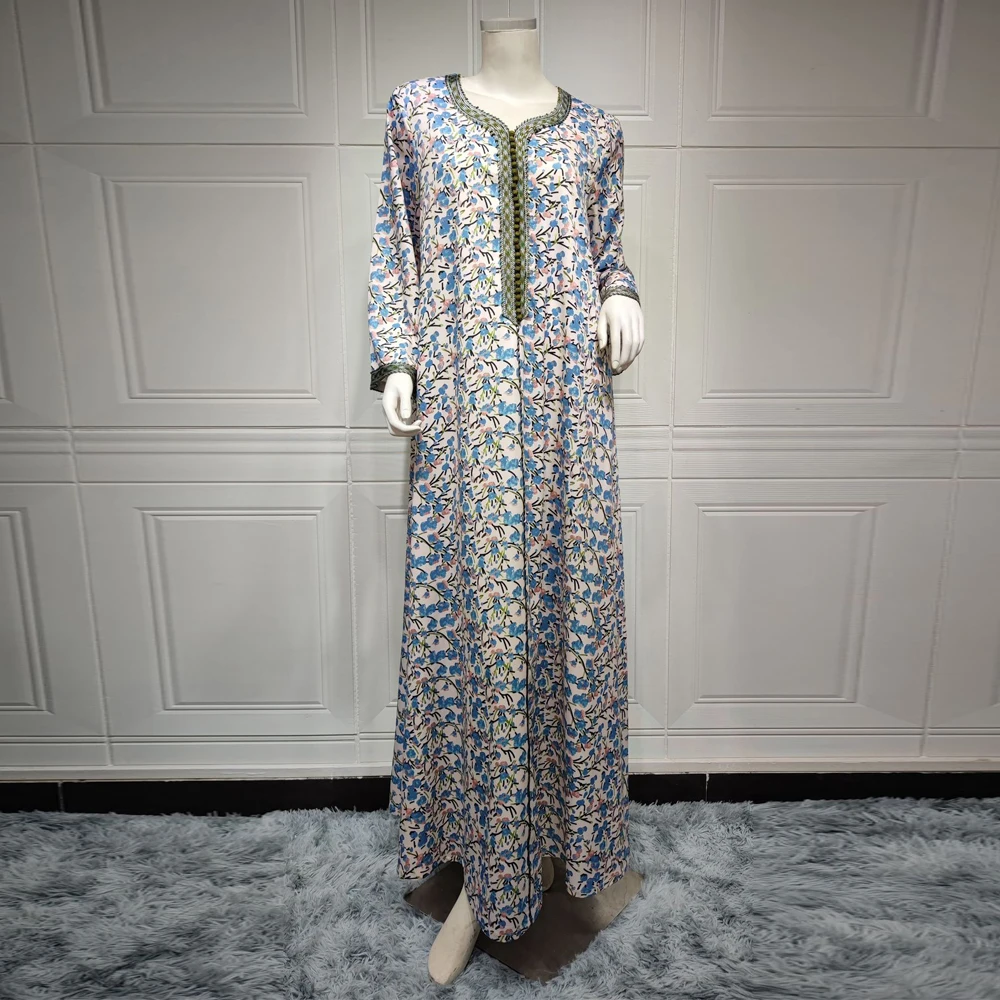 Simple Abaya Dubai Turkey Dresses For Women Floral Print Long Sleeve Robe Arabe Kaftan Kimono Djellaba Marocaine Femme Khimar