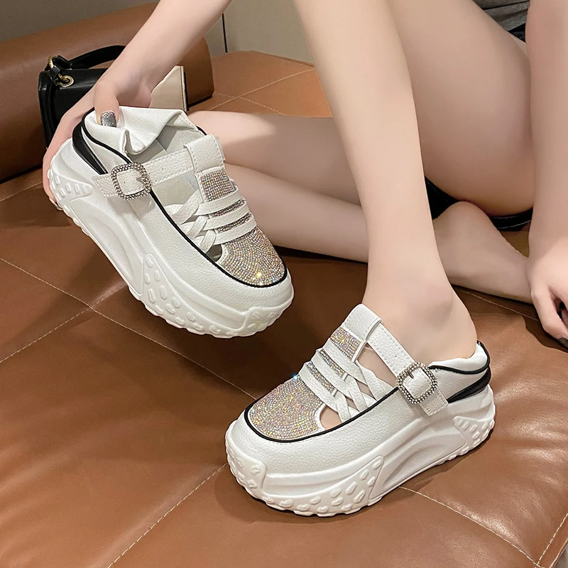 Women Rhinestone Casual Shoes Summer Platform Hidden Increasing Sneakers PU Leather Shoes New Woman Breathable White Black Shoes