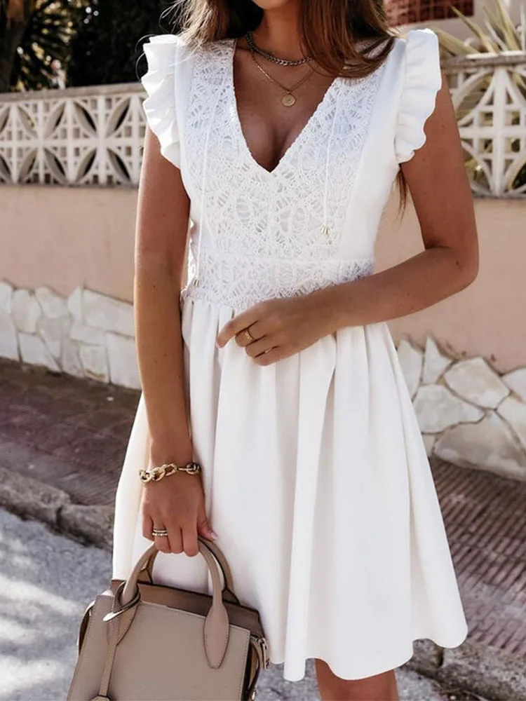 

Женское однотонное вечернее вечерние с рюшами на рукавах, новое дизайнерское Короткое мини-платье с V-образным вырезом и кулиской, летние кр...