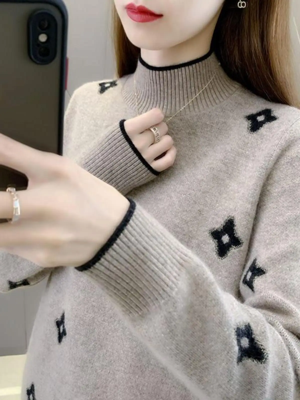 Half-high Collar Women's Jacquard Sweater Women 2024 New Fashion Winter Bottoming Shirt Autumn and Top Western S...