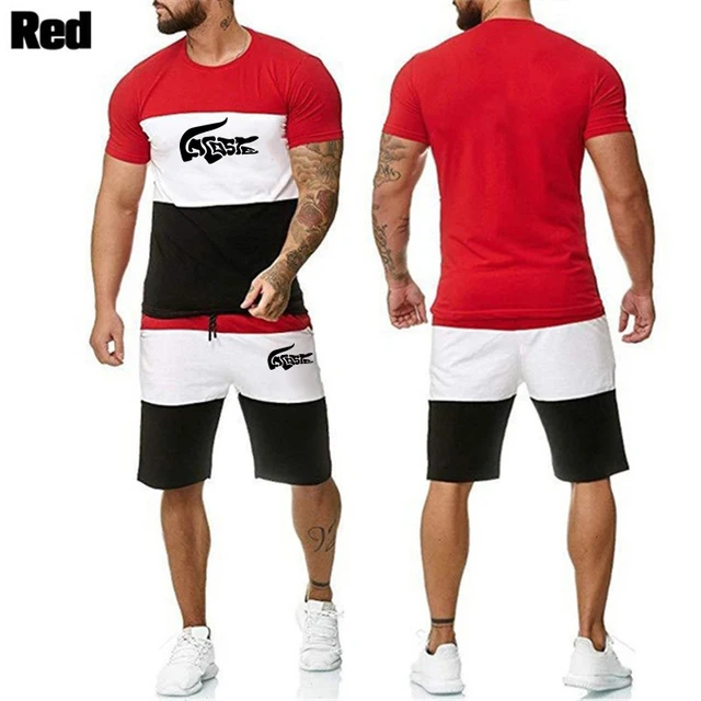 Summer Men's Bodybuilding Striped Tracksuits Fashion Casual Short Sleeve+Half Shorts 2PCS Graphic T-shirt Shorts Sets Sportswear 6
