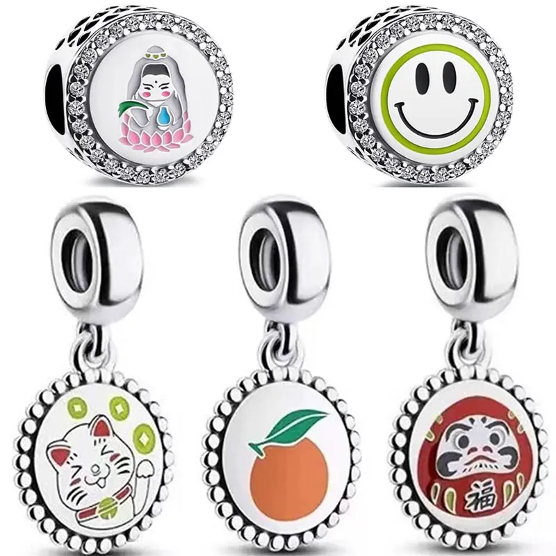 

New 925 Sterling Silver Charm China Shining Smiley Guanyin Charm Lucky Cat Dharma Pendant Bead Fit Bracelet DIY Jewelry