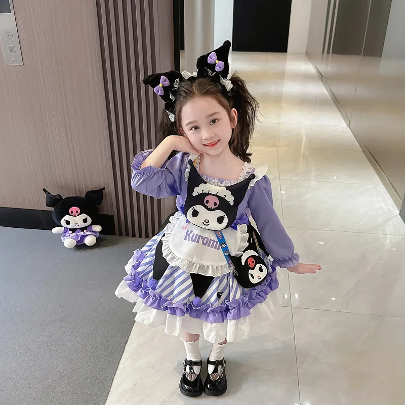 Фото Платье для девочек Kuromi Sanrio: Новая осенняя коллекция, мультяшный дизайн, аниме-персонаж, модная юбка в стиле Лолита, детская одежда из хлопка, кавайный стиль №4