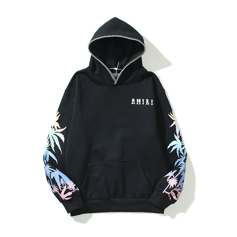 

High Street Hoodies Loose Couple Palm Tree Print Embroidery Casual All-match Hooded Sweatshirt Streetwear Pullover 24H shipped
