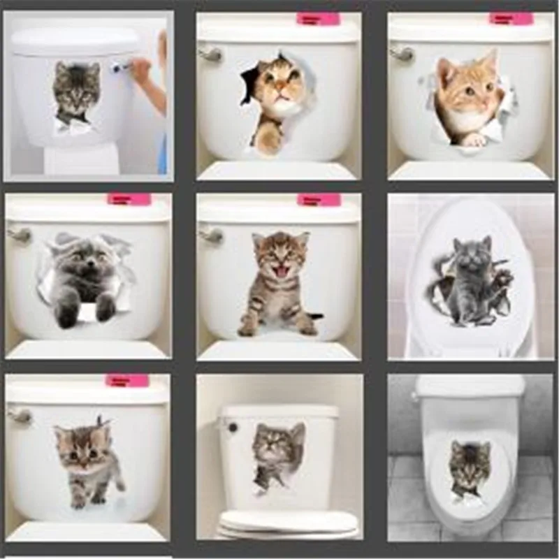 1PCS Cute 3D Kitten Toilet Cat  Wall Stickers For Kitchen Refrigerator LivingRoom Bedroom Home Decor Wallpaper Diy Home Decal