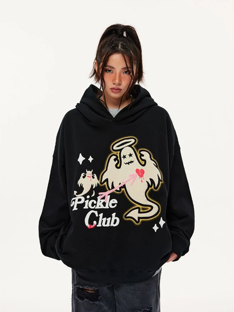 

Винтажная одежда в стиле Харадзюку Y2k, теплые толстые повседневные свободные свитшоты в стиле панк и готика с мультяшным принтом, толстовки ...