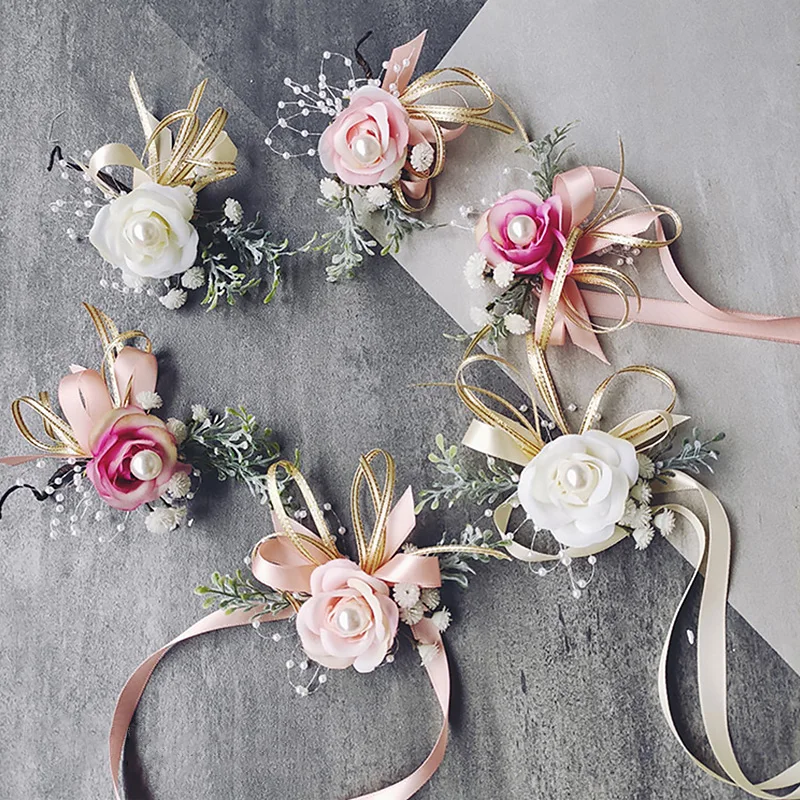 

Fashion Bridal Pearl Wrist Flower Bridesmaid Lace-up Hand Flower Wedding Prom Clothes Accessories Girls Party Dancing Decor