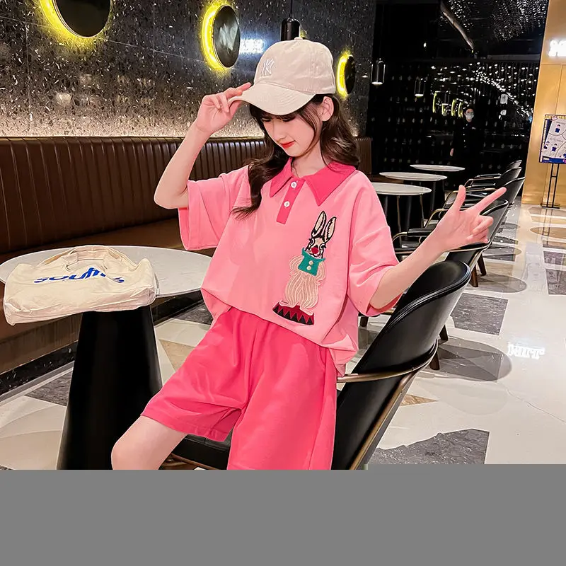 Girls' Summer Clothing Fashionable Suit Children's Western Style 2022 New Teenager Clothing Sports Summer Cartoon Two Piece Set