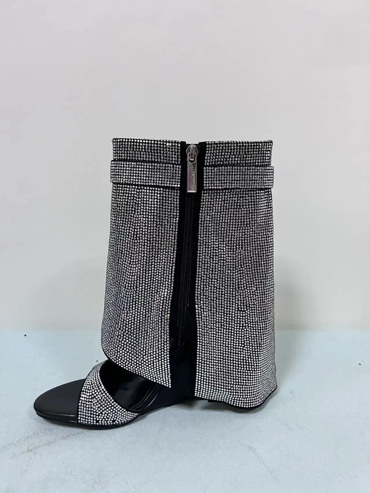 Brand Design Metal Lock Women Knee High Boots sexy rhinestone peep toe high wedges woman shoes Wedding Nightclub Party Long Boot