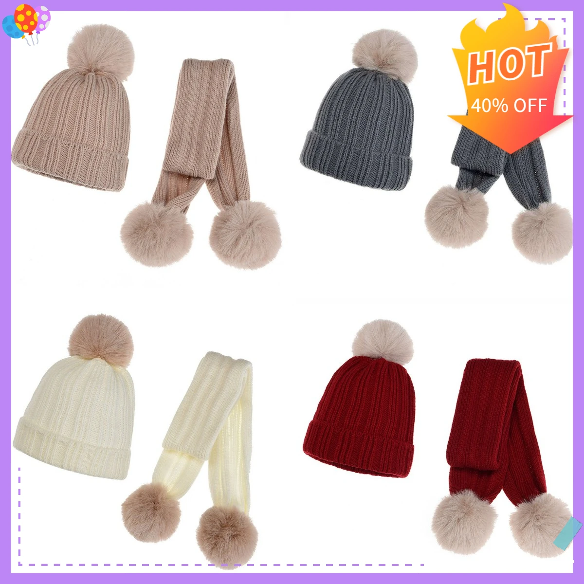 

New Baby Hat Scarf Suit Winter Autumn Two-piece Woolen Cap For Boys Girls Cute Pompom Thick Warm Knitteed Hat+Scarf Pompom Set