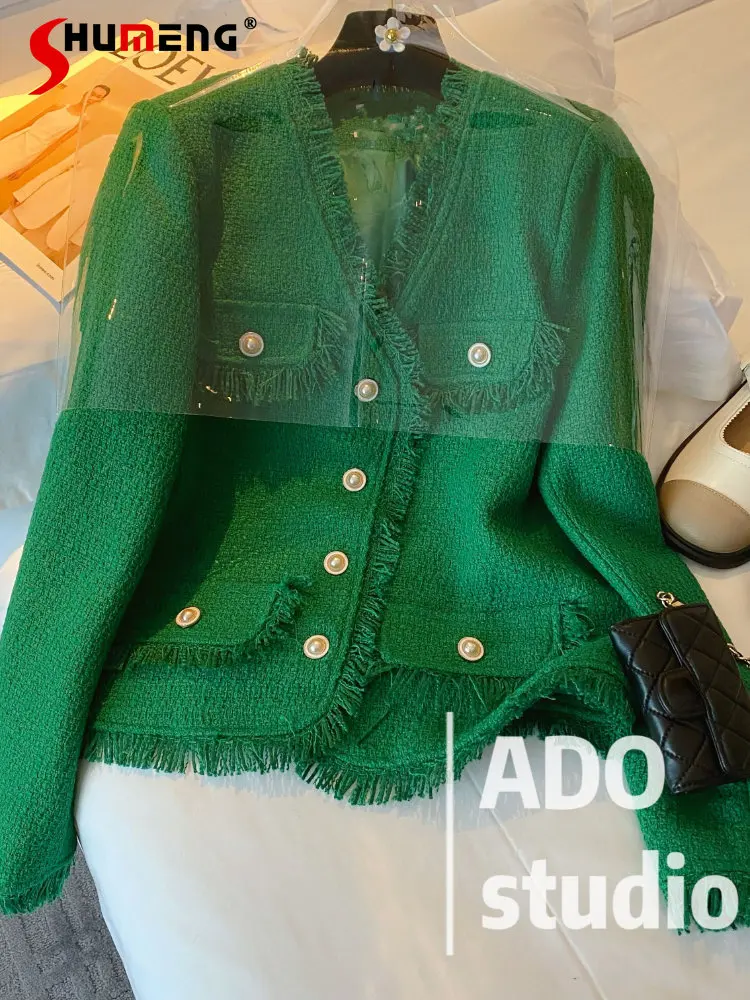 Socialite Green Woven Tweed Coat Ladies 2022 Autumn New French Style Temperament Long Sleeve V Neck Buttons Jackets for Women