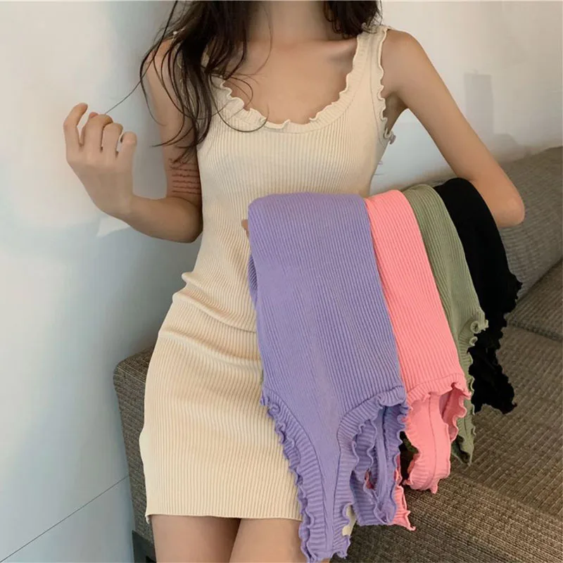 

Женское летнее однотонное платье без рукавов, облегающие Пикантные мини-платья с разрезом на бедрах, трикотажное женское повседневное модное уличное платье, 2023