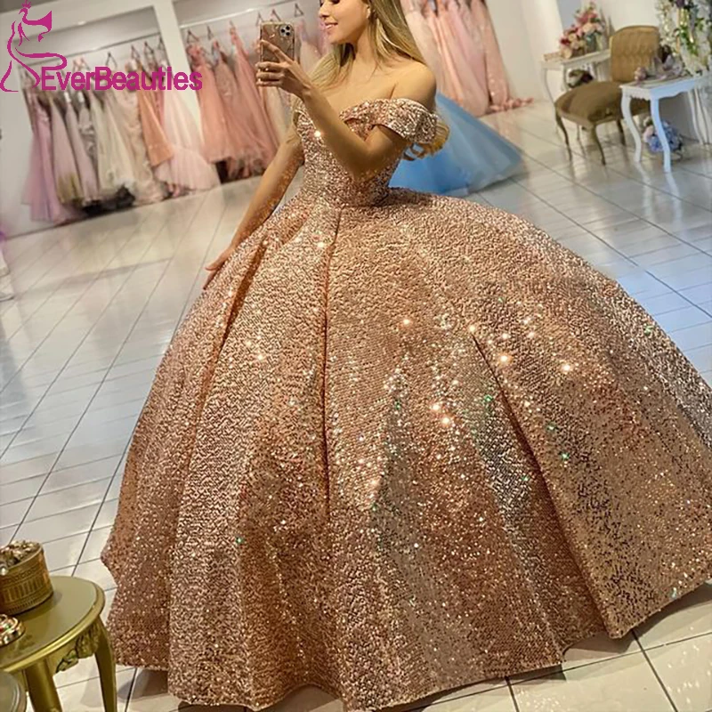 

Quinceanera Dresses 2022 Glittery Sequins Vestido de 15 Anos Quinceanera Ball Gown Robes De Bal Off Shoulder Prom Dresses