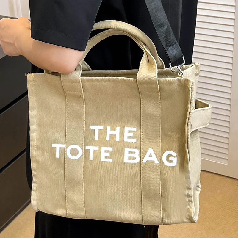 

Female Portable Khaki Handbag Letter Print Ladies Commuter Shoulder Bag Eco-friendly Canvas Serviceable Women's Shopper Tote Bag