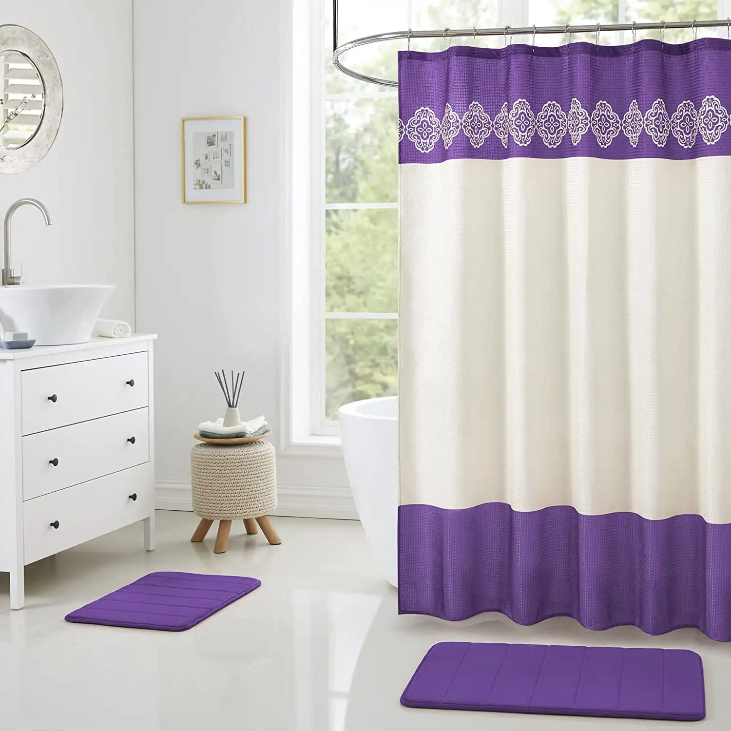 

15 Piece Bathroom Shower Curtain Set with Matching Memory Foam Bath Rugs. 2 Solid Lavender Purple Beige Color Modern Design None