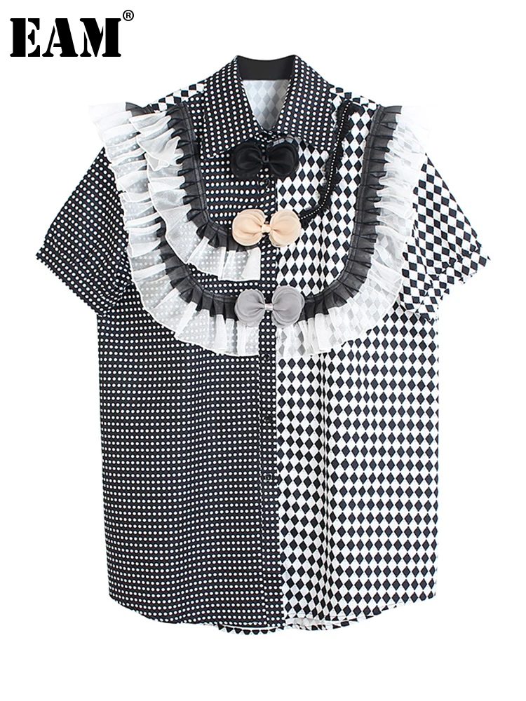 

[EAM] Women Black Plaid Dot Big Size Shirt Dress New Lapel Short Sleeve Loose Fit Fashion Tide Spring Summer 2022 1DE8219