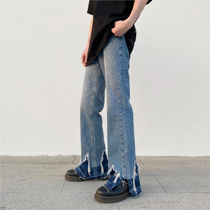 New Fashionable Men's High Street Jeans Side Splits Raw Edge Men's Mopping Flare Pants Trendy Hip Hop Street Men Y2k Jeans Baggy