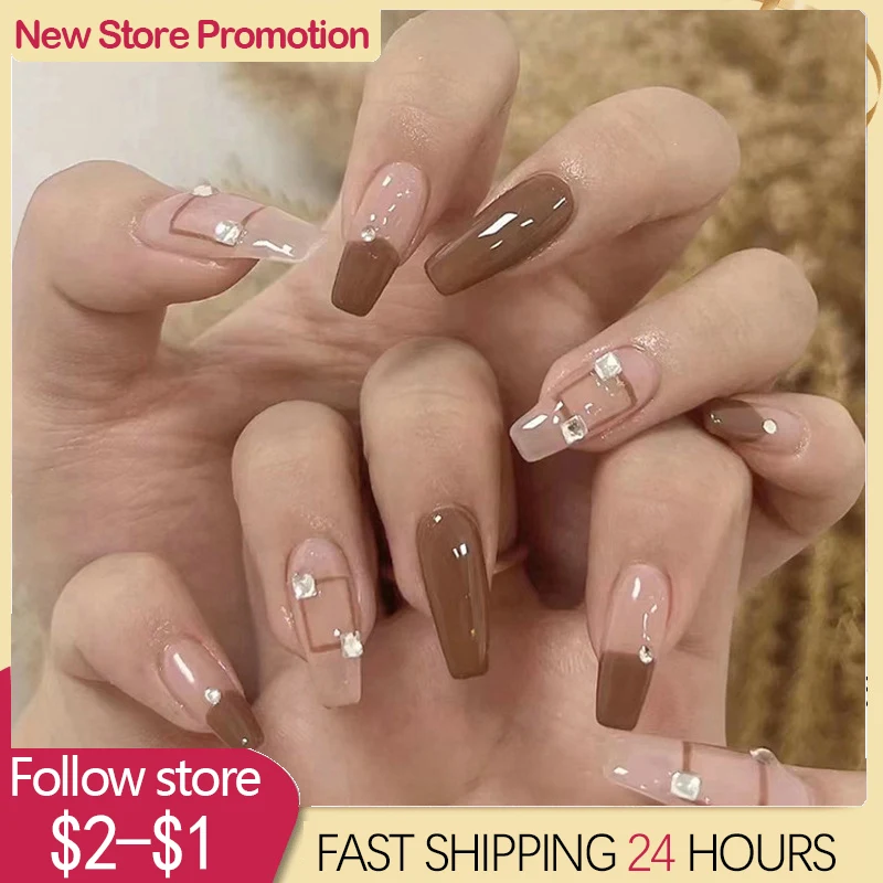 24pcs Long T Glitter Nail Art Wearing Reusable False Nails Full Cover Artificial Fake Nails Ballerina False Nail Tips With Glue