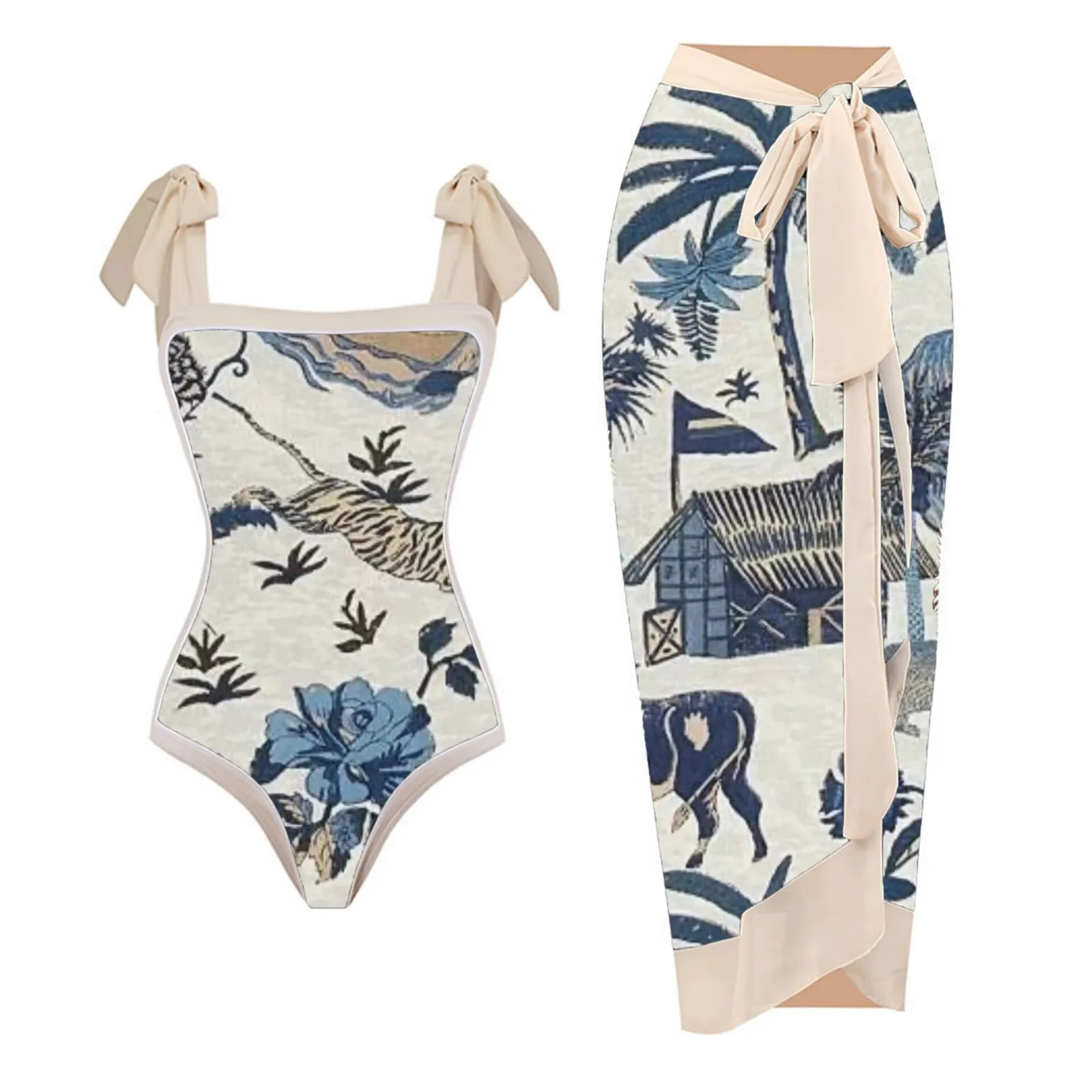 

Women Vintage Colorblock Abstract Floral Print 1 Piece Swimwear+1 Piece Cover UP Two Piece Men's Cotton Shorts Gold Bikini