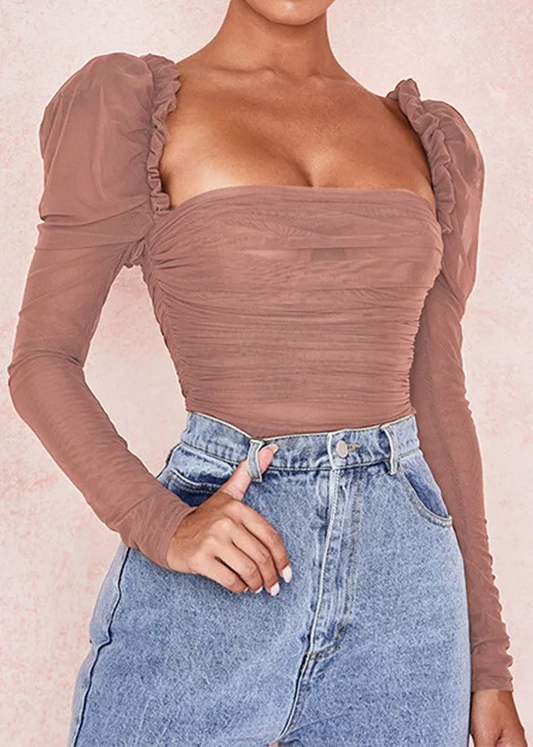 

Pleated sexy back mesh bodysuit Elegant Womens Romper