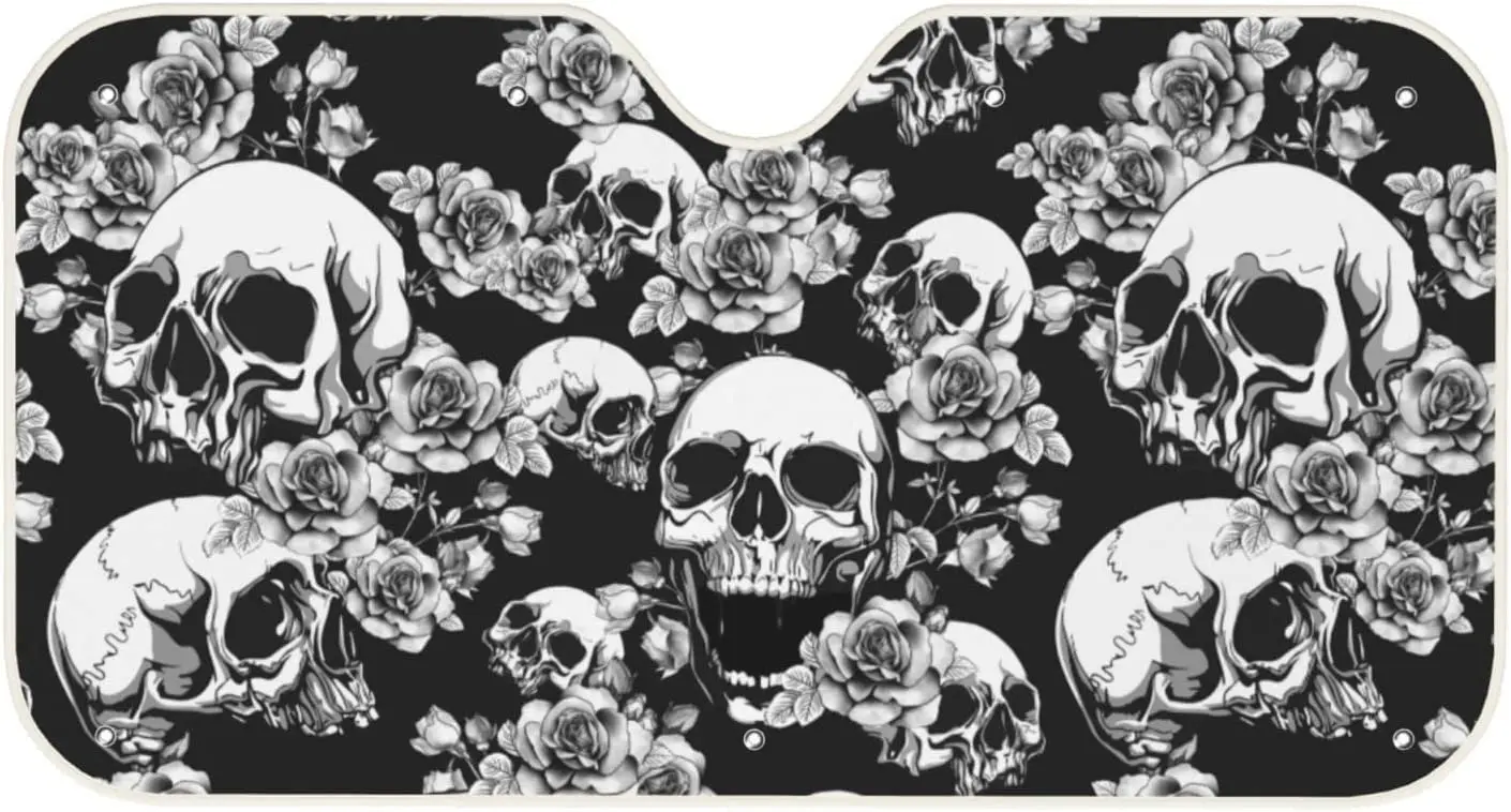 

Rose and Skull Car Windshield Sunshade, UV Blocking Visor Protector, Sunshade Fits All Sizes of Windshields