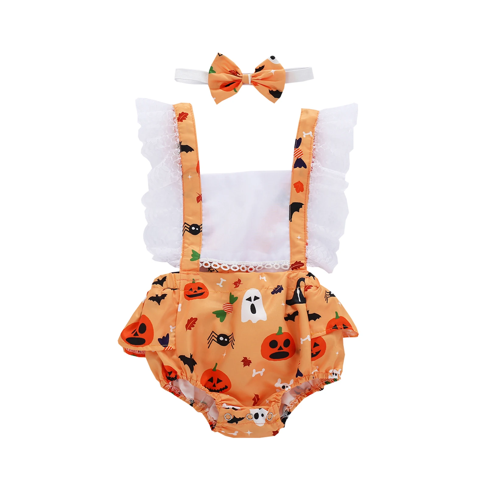 

Baby Girls Romper+ Headband, Sleeveless Square Neck Halloween Pumpkin Print Lace Ruffle Casual Party Summer Romper