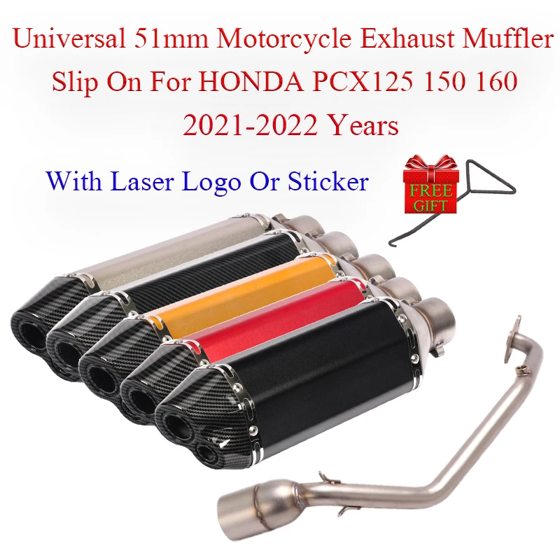 Universal 51mm Motorcycle Exhaust Muffler Slip On For HONDA PCX 125 150 160 PCX125 PCX150 2021-2022 Year Full System Double Hole