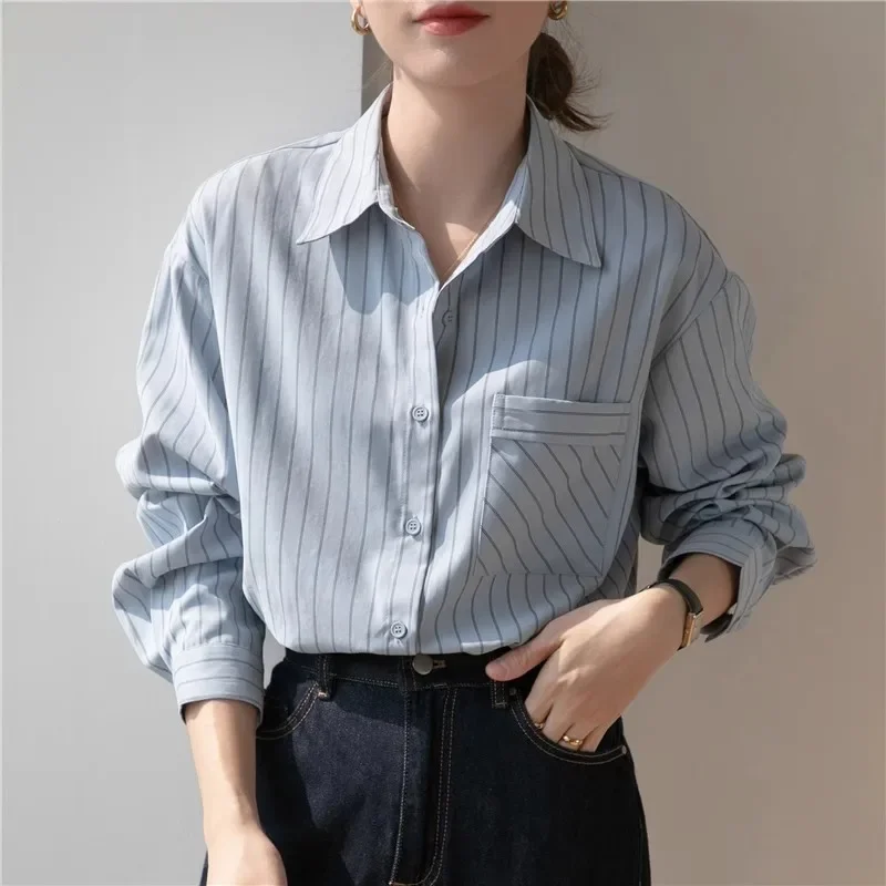 Осенняя элегантная синяя полосатая рубашка с длинным рукавом шикарная свободная