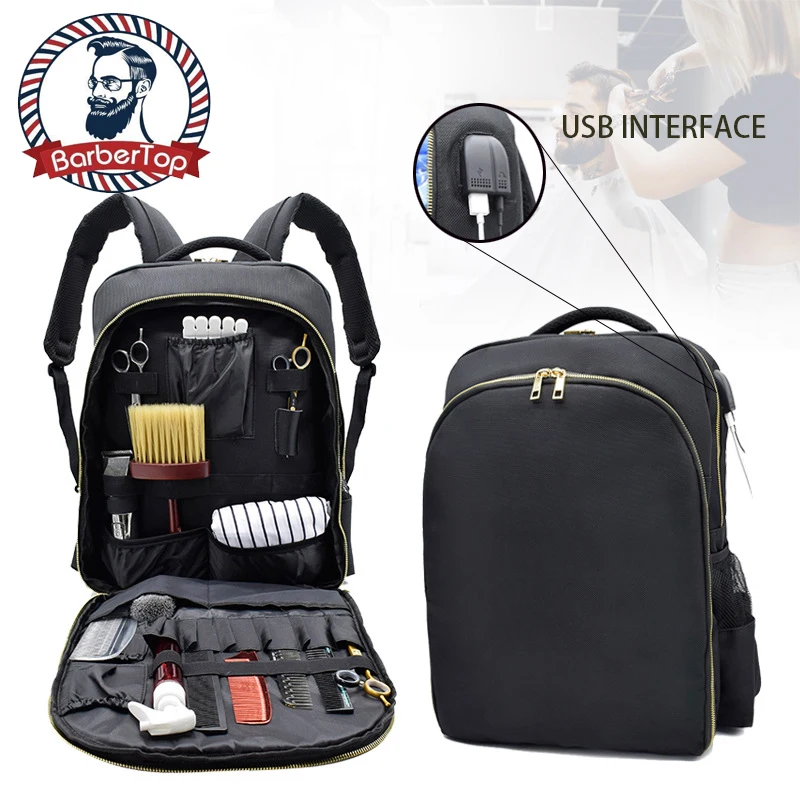 Barber USB Travel Backpack Storage Bag Hairdrer Salon Tool Makeup Large Capacity Multifunctional Black Bags