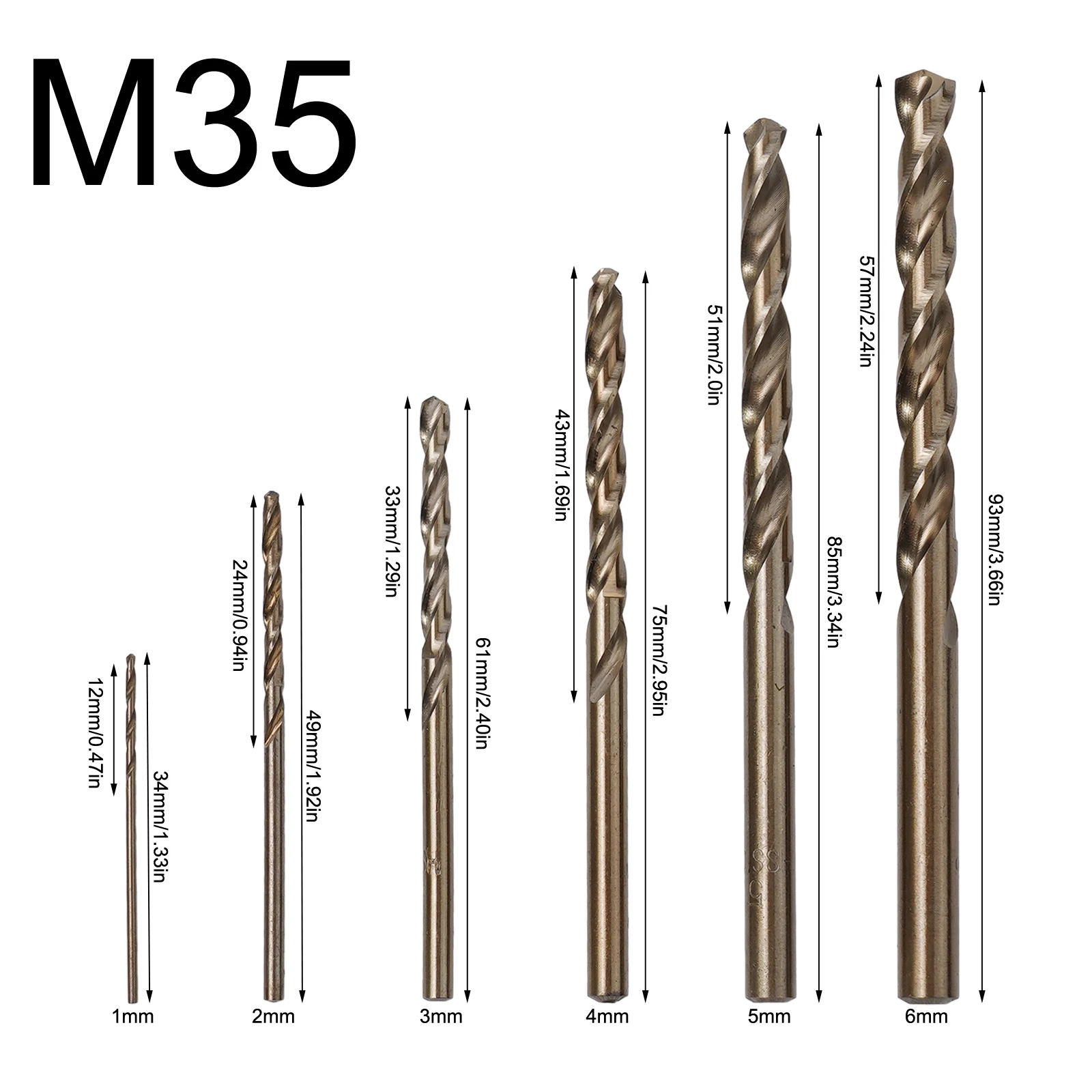 

6 PCS HSS M35 Cobalt Coated T-wist Drill Bit Set Round Shank 1.0-6.0mm Gun Drill For Wood/Metal Hole Cutter Power Drilling Tools